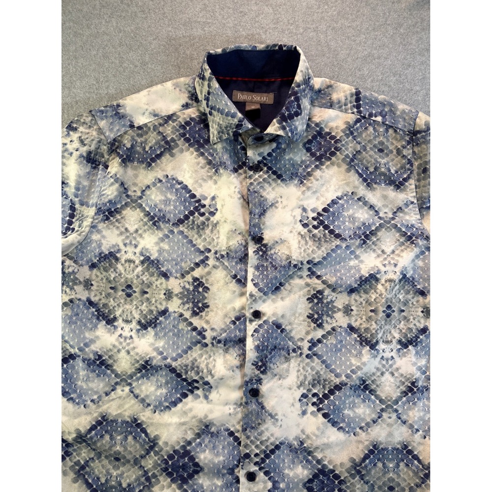 Paulo Solari Suslo Couture Mens Blue Snakeskin Print Short Sleeve Shirt Medium
